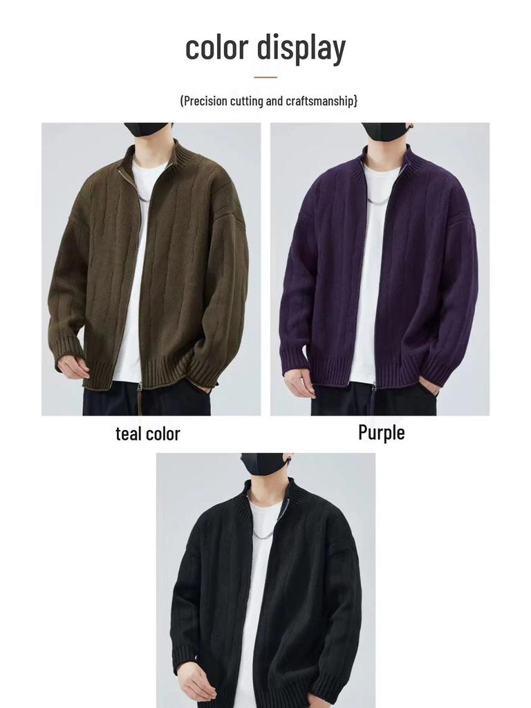 Men's Loose Fit Japanese Style Stand Collar Zipper Cardigan Sweater - Autumn & Winter Woolen Knitwear for Couples