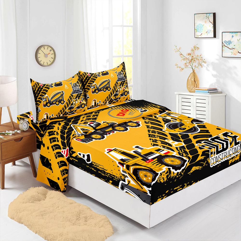 Four-Piece Mattress Racing Game Construction Car 3D Digital Printing Set Mattress Protective Cover