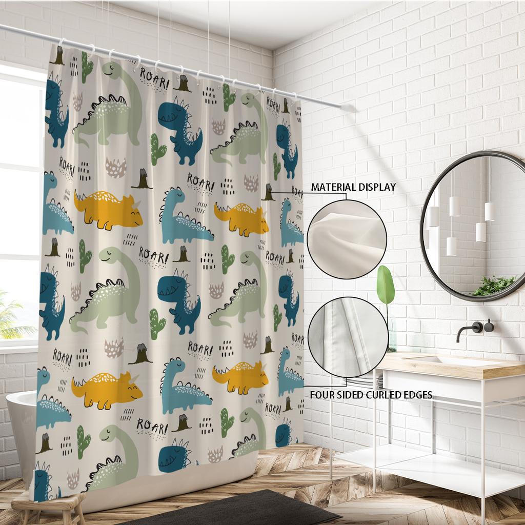 1Pc Cartoon Cute Dinosaur Print Waterproof Shower Partition Privacy Hanging Curtain With 12 Hooks Multiple Size Machine Washable