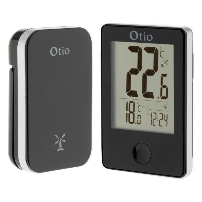 Thermomètre sans fil noir otio 936066 - affichage heure et température - intérieur/extérieur