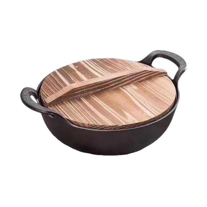 Cast Iron Pot with Lid & Dual Handle Uncoated Skillet Multi-Function Flat Bottom Stir Fry Pan for Gas Induction Cooker