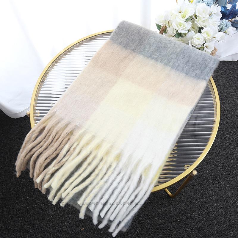Men's and Women's Autumn and Winter Scarf Fashionable Warm Rainbow Plaid Shawl Tassel Thickened Mohair Scarf