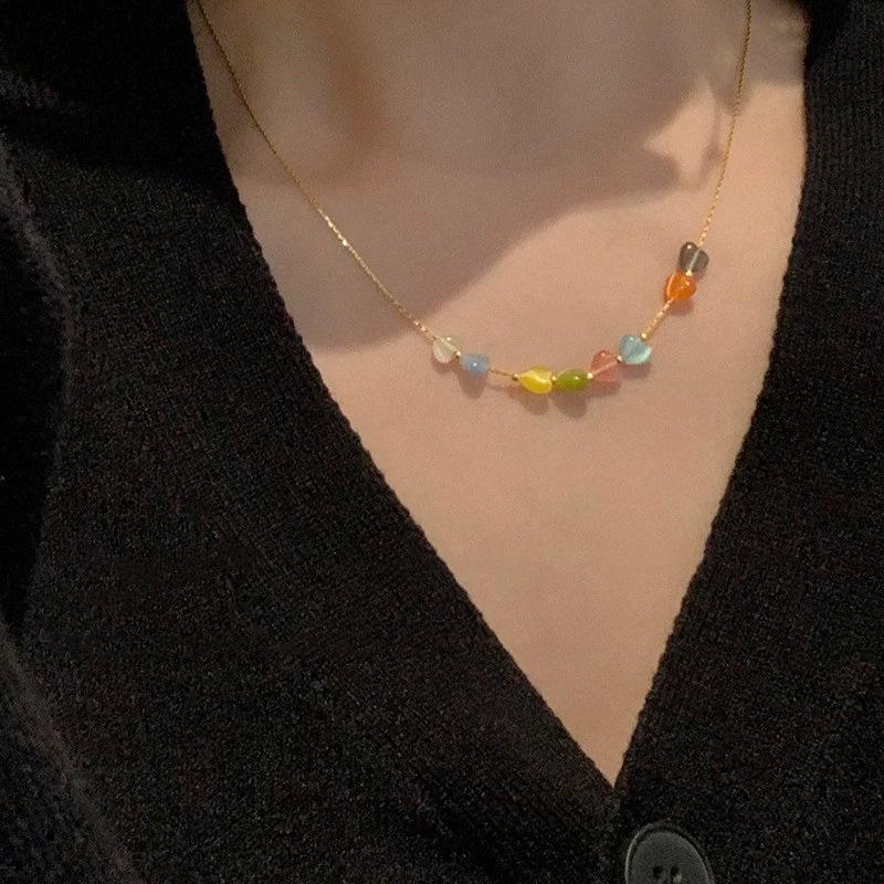 Kleurrijke Natuursteen Patchwork Ketting voor Dames - Elegante, Modieuze, Veelzijdige Sleutelbeenketting