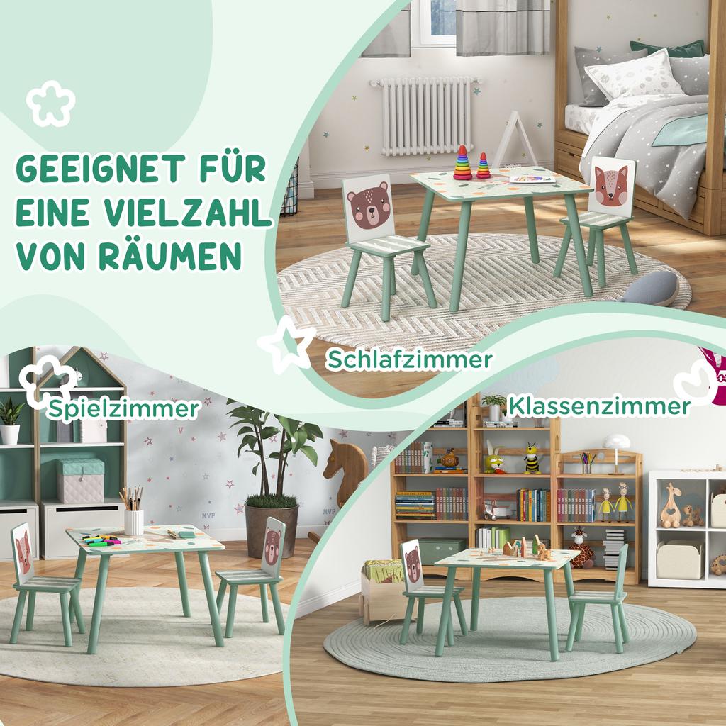 Seating Set for Children 3-8 Years, 1 Table & 2 Chairs, Cute Animal Motif, Green