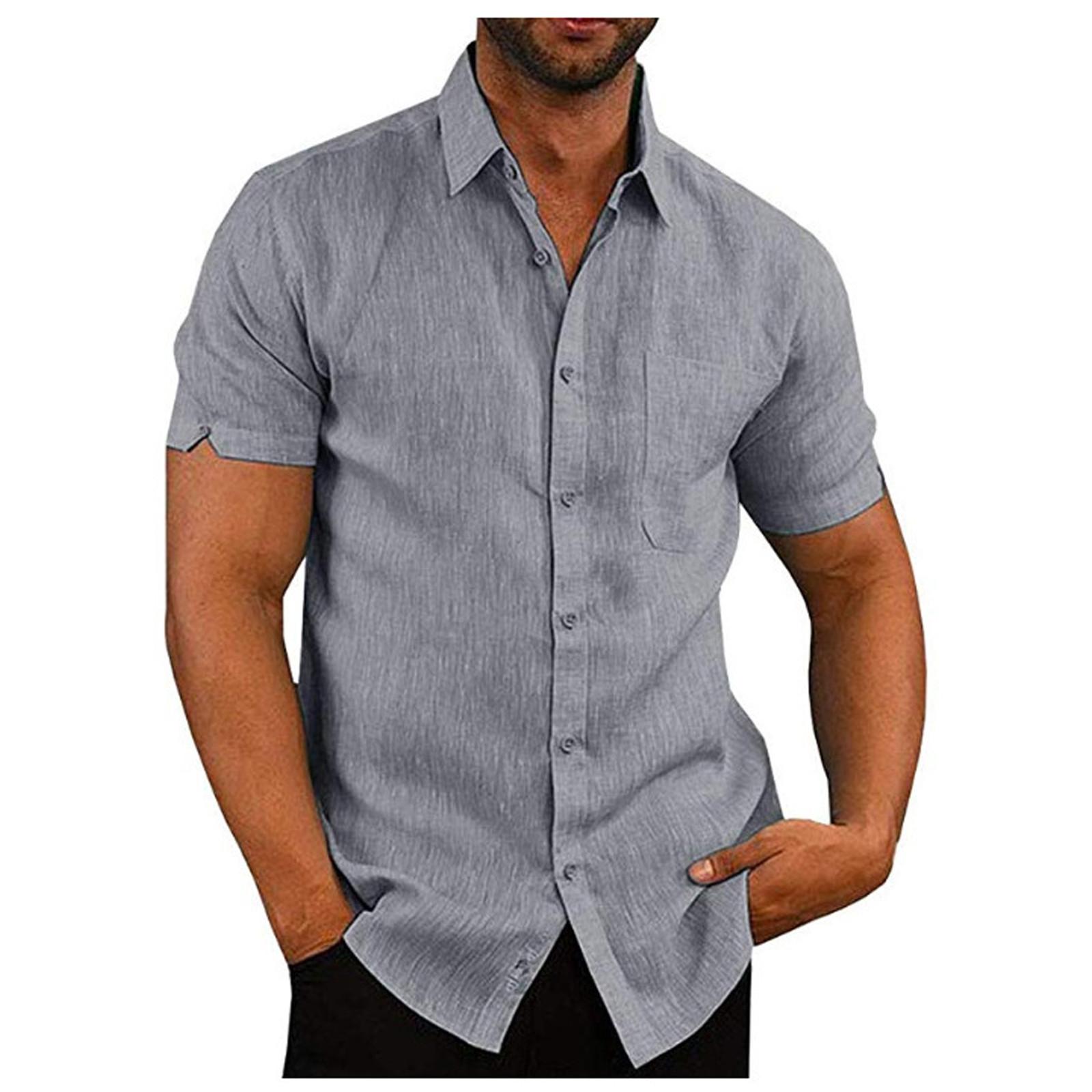 

Мужская льняная повседневная рубашка с короткими рукавами без воротника с воротником-стойкой, летний топ XL