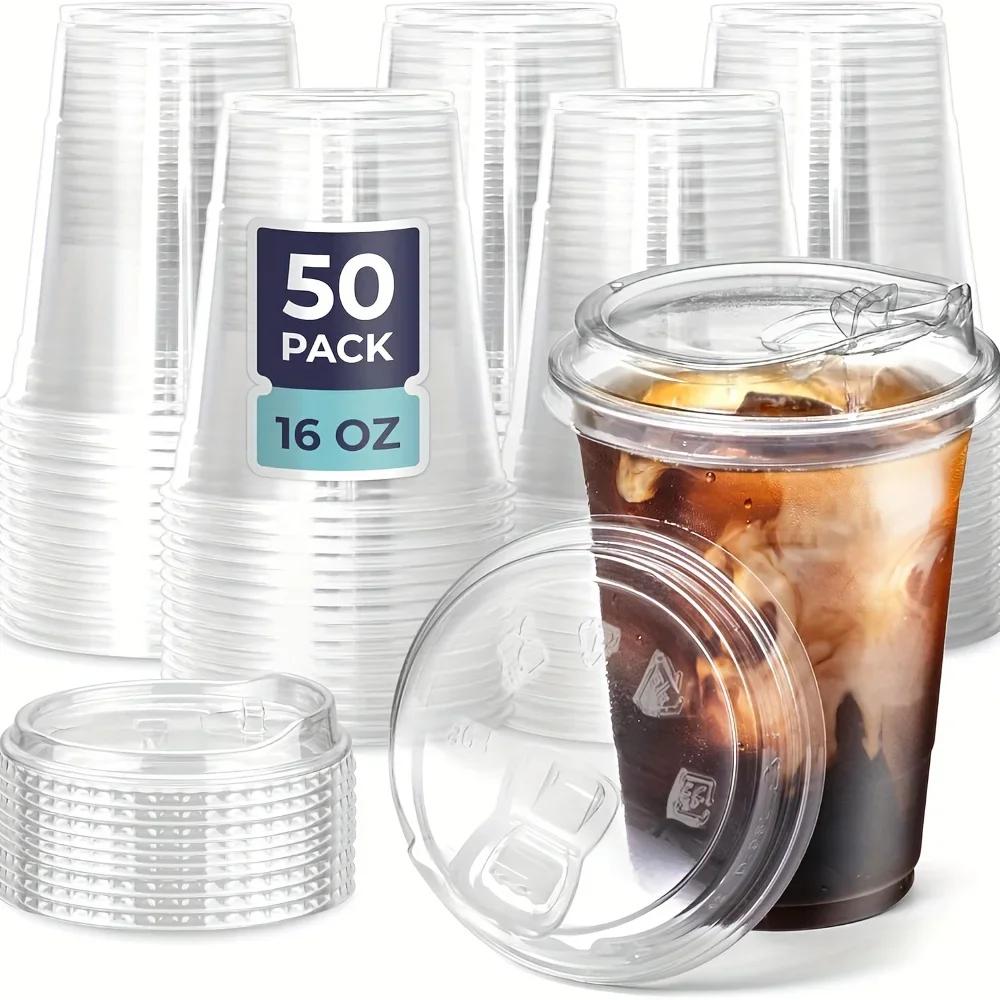 50pc Top Quality 16oz BPA Free PlasticCups with Straw Hole Lids-Clear Recyclable DisposableCoffee Cups for Iced Coffee Smoothies