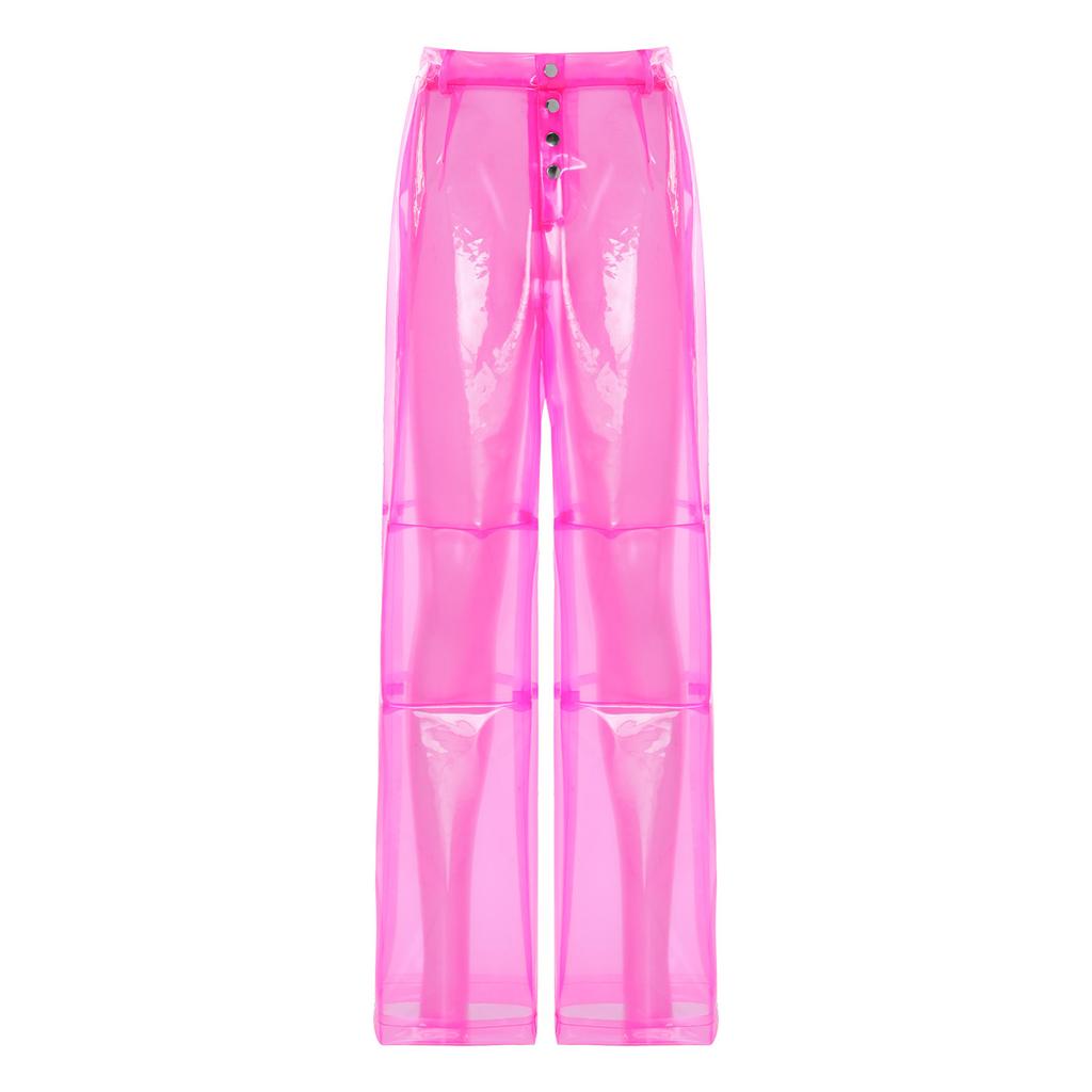 S-XXL Women See Through PVC Pants Button Waist Back Pockets Wide Leg Straight Trousers for Party Dancing Prom Cover Up
