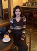 Women's V-Neck French Style Striped Knitwear Slimming Long Sleeve Top