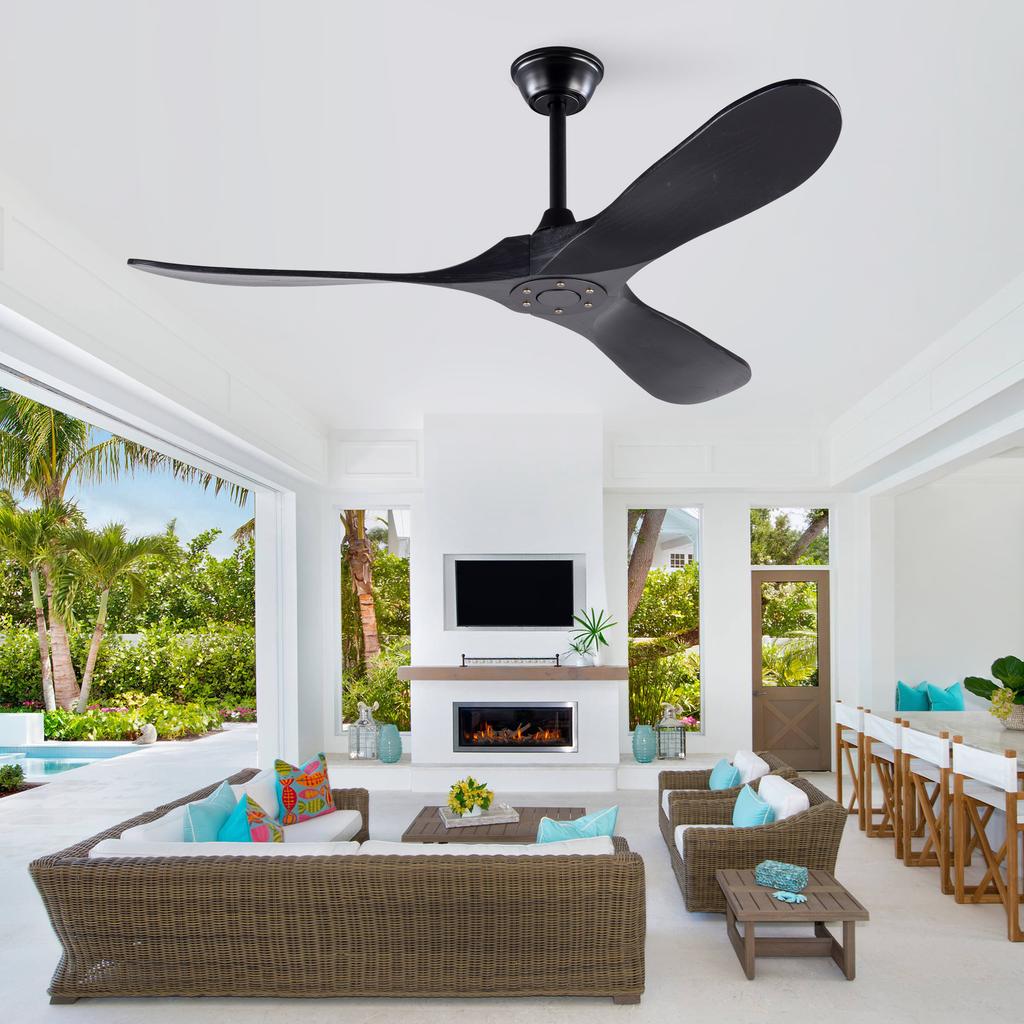 52-Inch Ceiling Fan in Black, 3 Solid Wood Blades, without Lighting, with Remote Control, 6-speed reversible operation, and speed memory function