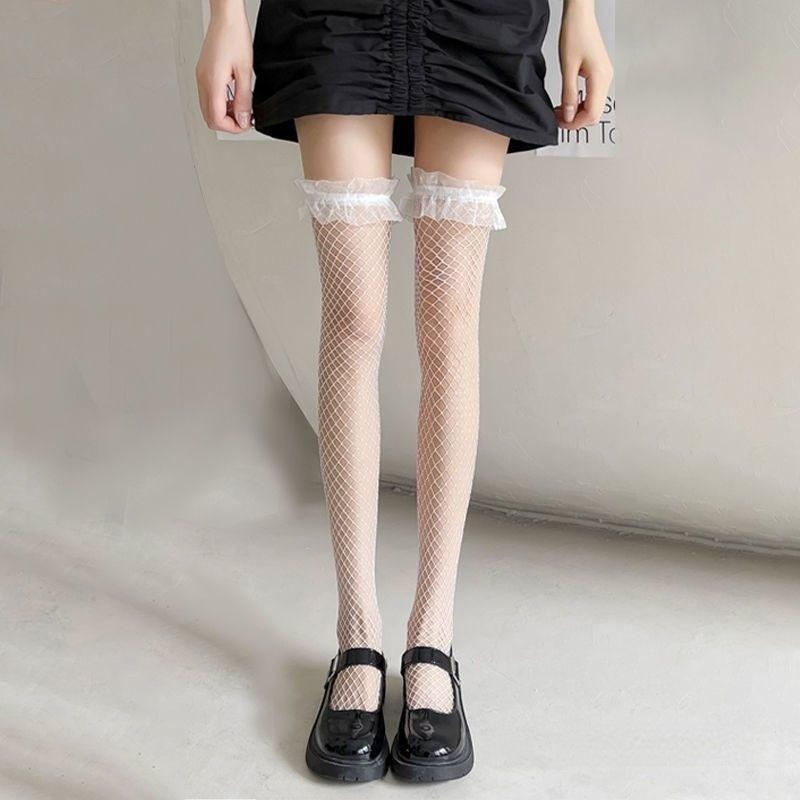 Stockings Black Ins Ripped Half Mesh Lace Long Tube Knee-high Sweet And Cute Core-spun Silk Thigh Socks