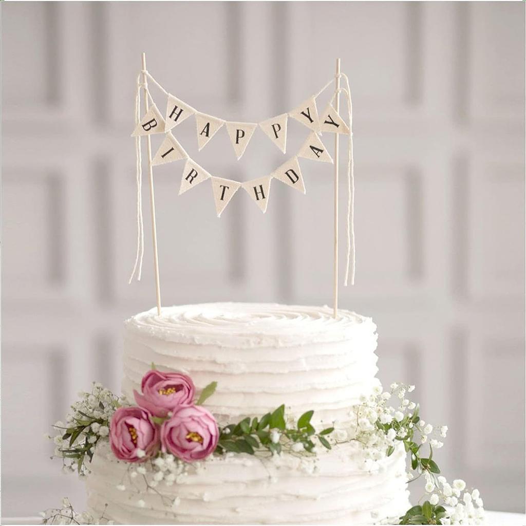 Alles Gute zum Geburtstag Kuchen Wimpelkette Topper Kuchen Topper Girlande, Handgemachte Wimpelflaggen mit Holzstab Elfenbein (Mit rosa Rose)