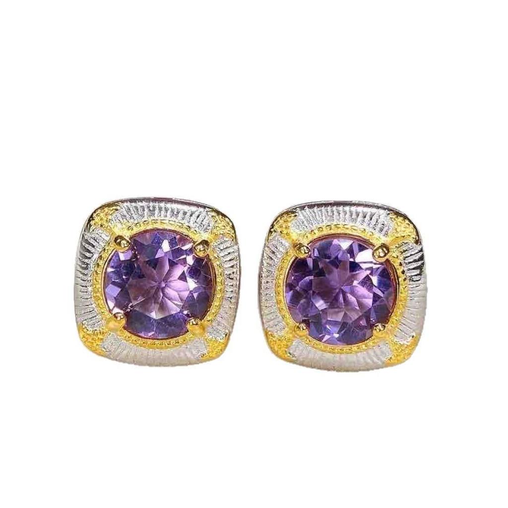 Amethyst Stud Earrings with S925 Silver Inlay - Natural Amethyst Women's Earrings with Earring Pendants.