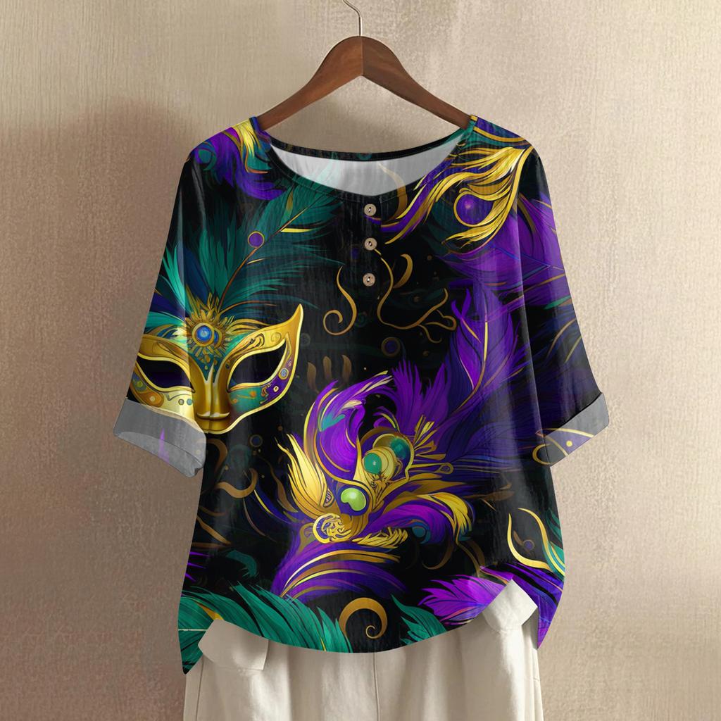 Women's Fashionable And Casual Shirt 3/4 Sleeve Round Neck Print Blouse Top