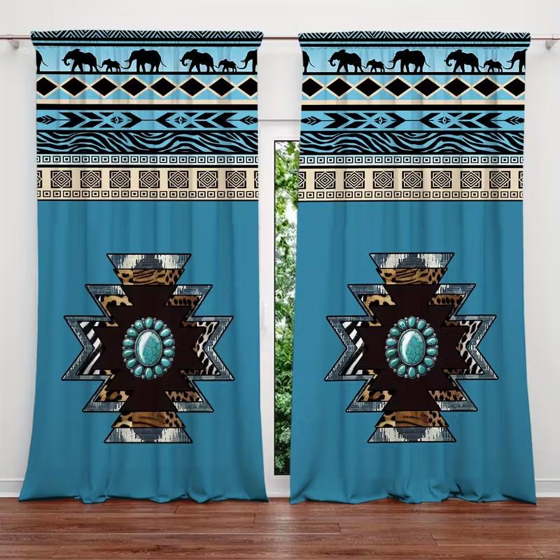 2PCS Hu Qing Ethnic Printed Curtains   Pole Bag Polyester Material Design   Bedroom   Home Decoration