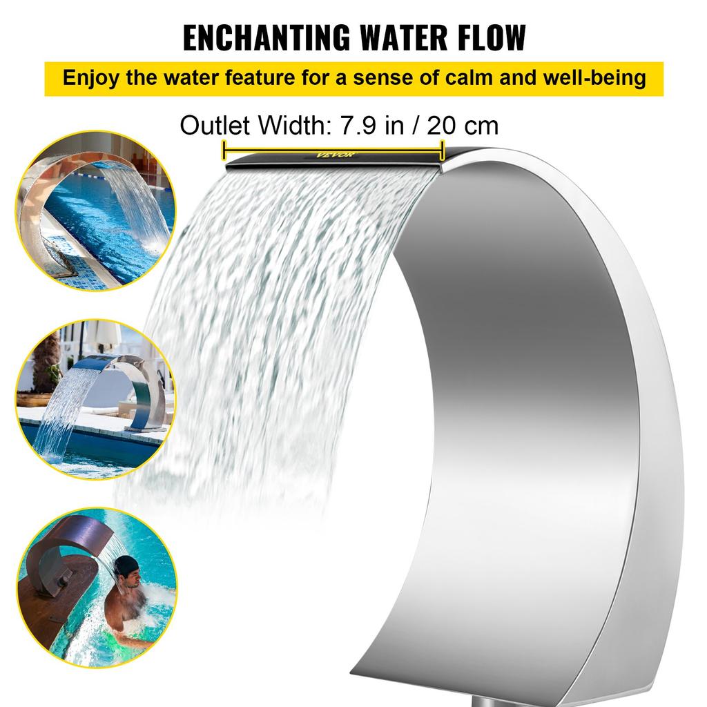VEVOR Pool Waterfall Fountain Stainless Steel Fountain 15.4\" x 7.9\" x 1.5\" Silver Pool Fountains for Ground Pools Garden Outdoor Waterfalls Sheer