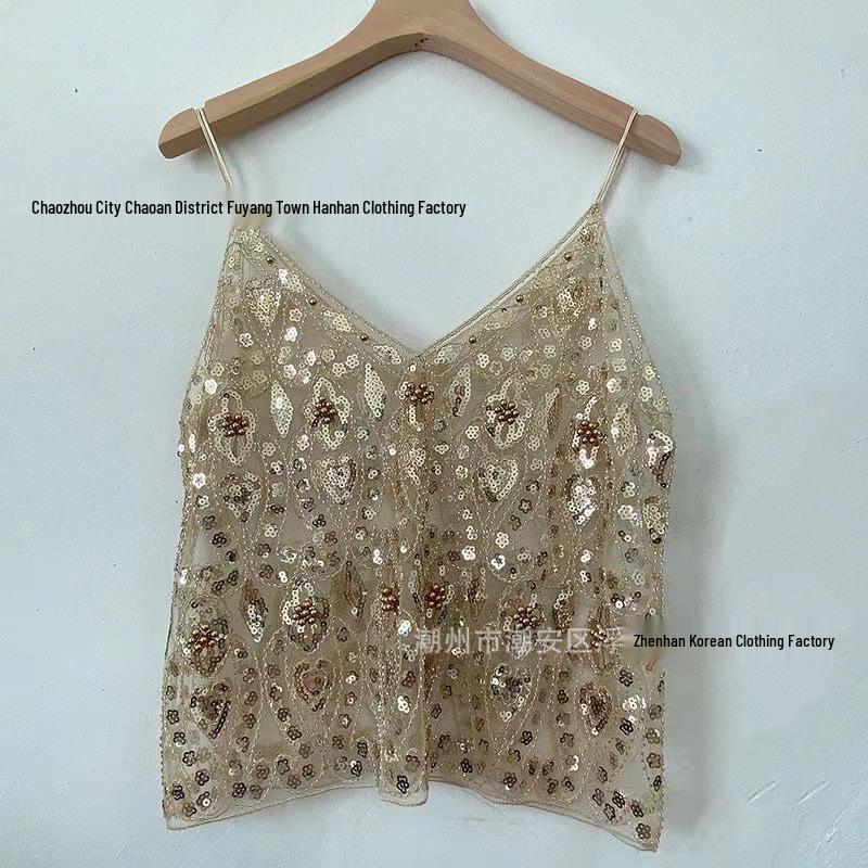Niche Summer Women's Sequin Beaded Slimming V-Neck Camisole Vest - Elegant and Sexy Style
