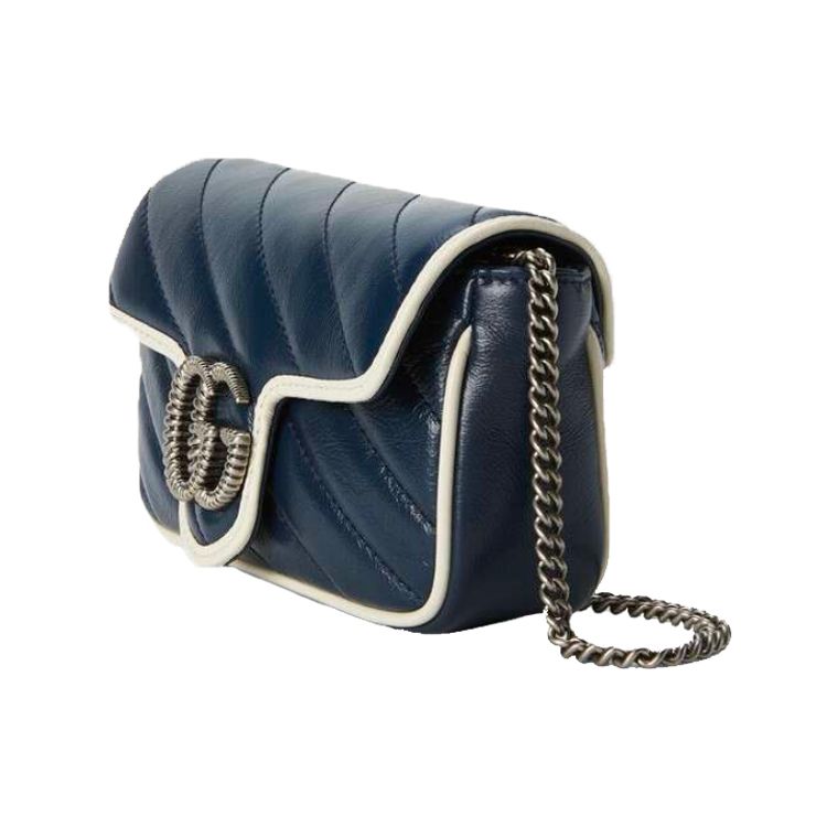 Gucci GG Marmont Chevron Quilted Navy Blue Leather Mini Chain Shoulder Bag With White Trim For Women Luxury Daily Use