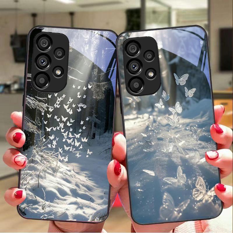 Borboleta Branca Para Samsung Galaxy S10 20 Plus 21 FE 22 23 24 FE 25 Ultra Capa de Celular de Vidro Temperado Preta Capa Dura