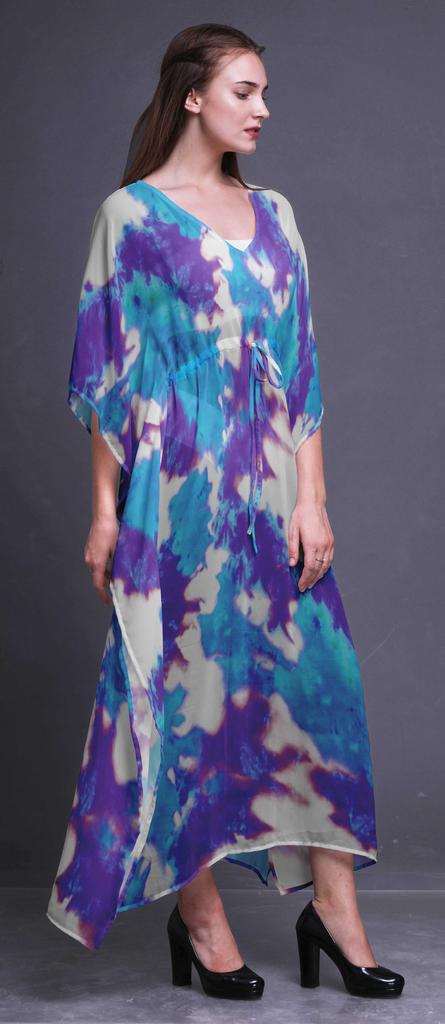 Bimba Purplish Blue Ombre Tie-Dye Ladies Kaftan Holiday Loungewear Maxi Dress Beach