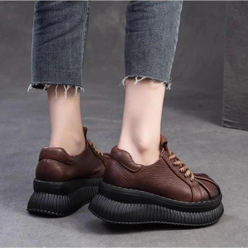 6.5 CM Thick Soled Heightening Pumps 2024 Spring And Autumn New Leather Lace-up Versatile Retro Women's Platform Casual Shoes