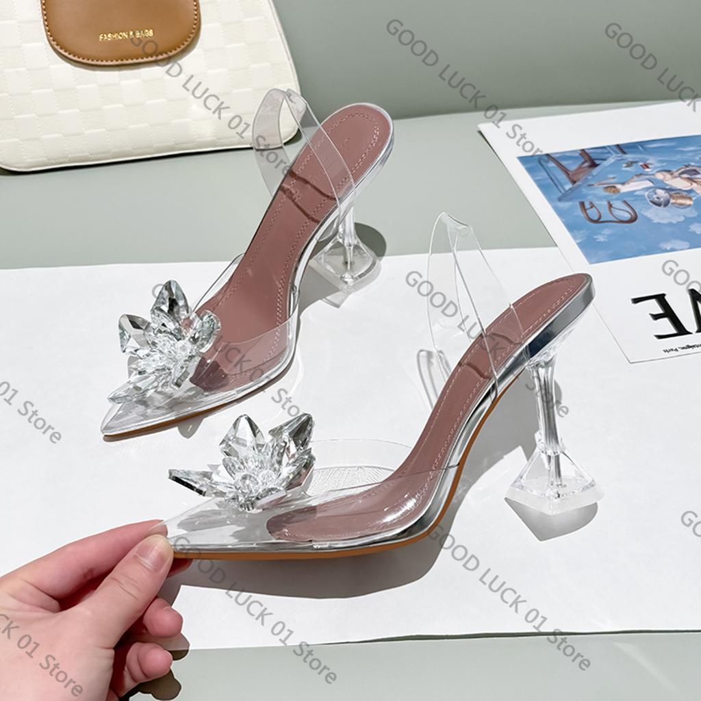 Fashion 2025 Summer Ladies Transparent Crystal Flower Sandals With High Heels