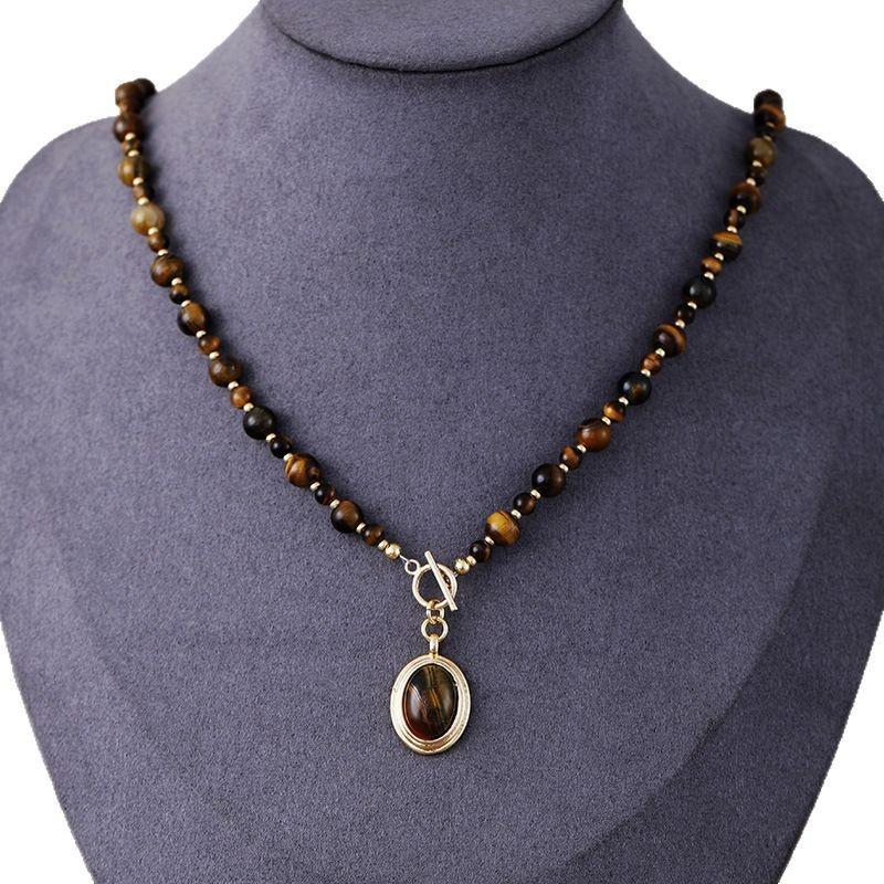 Premium Fashion Light Luxury Simple Natural Stone Tiger Eye Pendant Short Clavicle Necklace Choker Holiday Gifts Jewelry