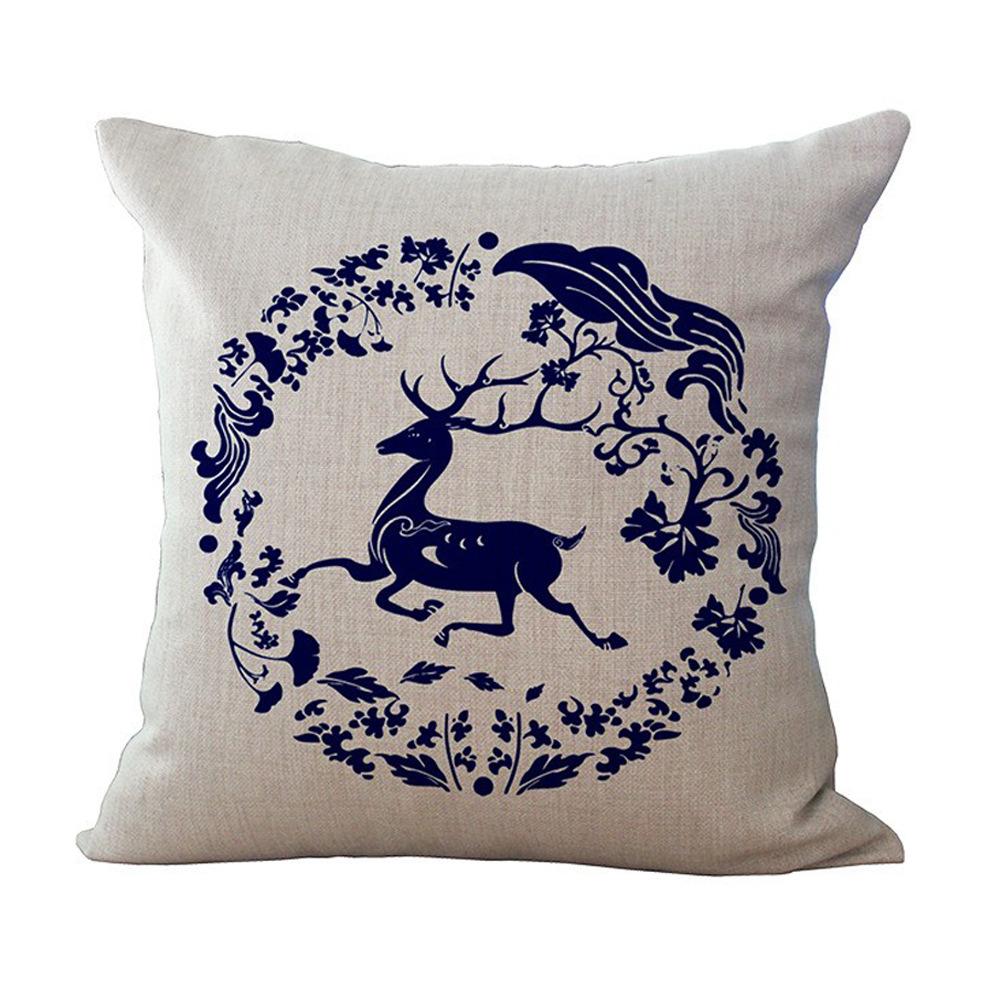 Retro Blue and White Porcelain Pillowcase Geometric Printed Cotton and Linen Sofa Pillowcase Bathroom Sofa Decorative Pillowcase