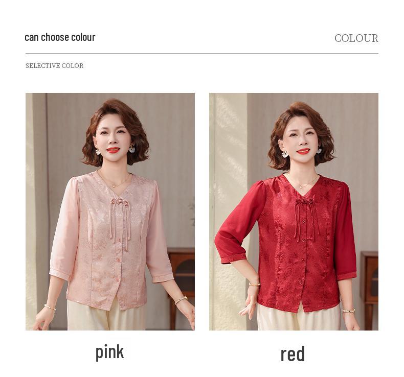 Fashionable 2026 Chinese Style Seven-Sleeve Chiffon Blouse for Middle-Aged & Elderly Women