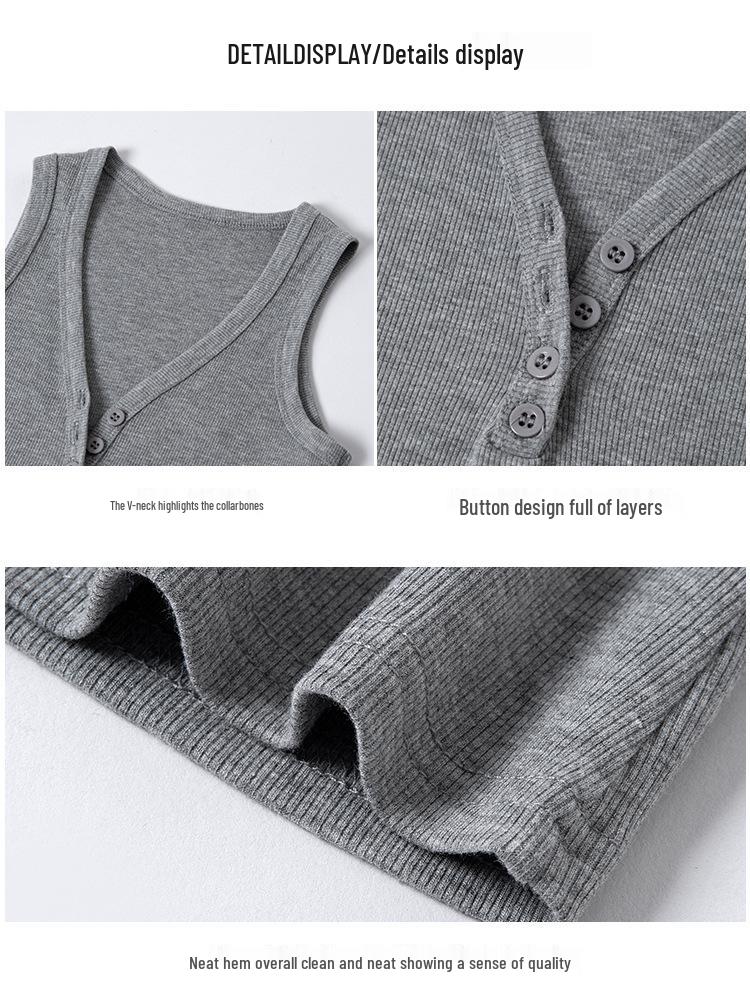 K3019 Threaded Button V-Neck Camisole - Women's Slim-Fit Cotton Top, Spring/Summer Style