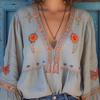Women Tops Deep V Neckline Dropped Shoulder Sleeve Curved Hem Blouse Casual Layering Shirt