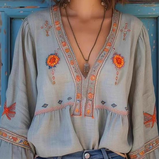 Women Tops Deep V Neckline Dropped Shoulder Sleeve Curved Hem Blouse Casual Layering Shirt