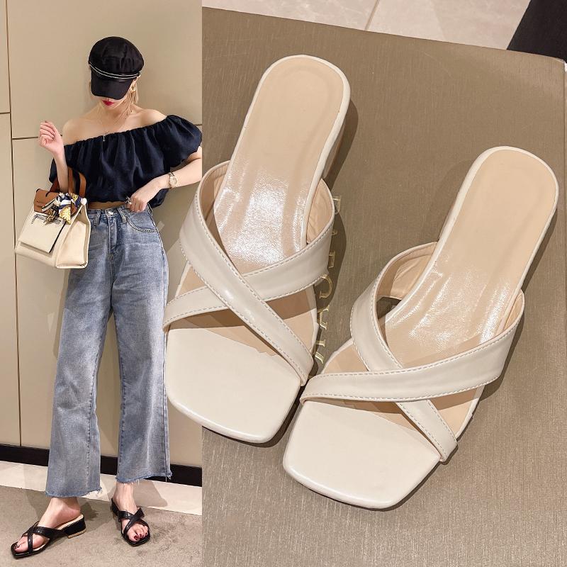 Fashion Summer New Casual Simple Solid Square Head Large Heels Women Open Toe Cross Square Heels Fashion Slippers Women's