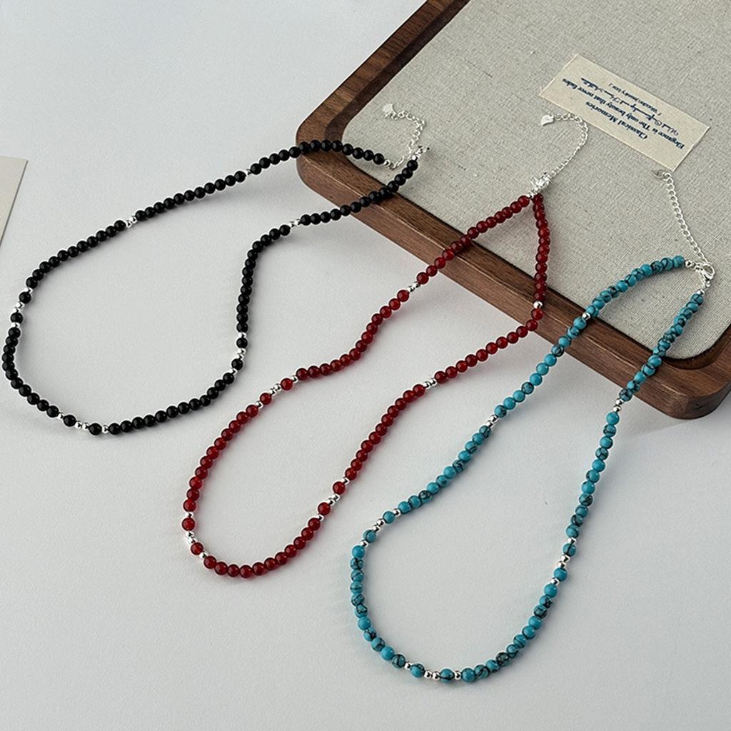 Turquoise/Onyx Beads Choker Gemstones Beaded Neckchain Adjustable Length Necklace Handmade Jewelry for Modern Women