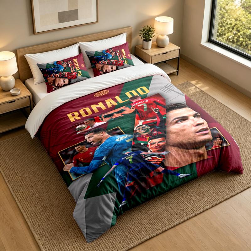 3-Piece Bed Sheet Set with Cristiano Ronaldo Design, 1 Flat Sheet and 2 Pillowcases for Bedroom
