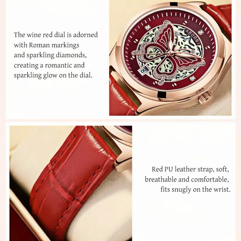 Damen Quarz Uhr Modisch Leuchtend Skelettiert Verträumt Schmetterling Wasserdicht Diamantbesetzt Kalenderuhr Weihnachtsgeschenk Uhr