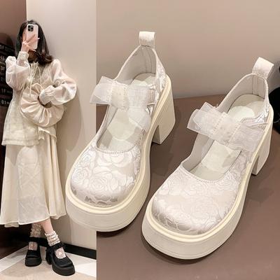 Mary Jane Schuhe im chinesischen Stil für Damen, Plateau-Pumps mit Spitze und Schleife, runder Kopf und klobigem Absatz