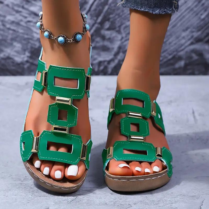 Ladies' Wedge Sandals, Gold Buckle Decoration, Thick Sole, All Season Comfortable Casual Slippers, Fashionable and Versatile Elegant Women's Shoes
