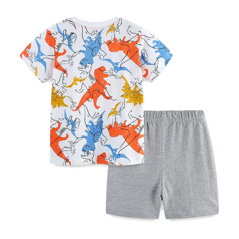 Summer New Boys' Suit Knitted Cotton Medium and Small Children's Cartoon Dinosaur Printing Short Sleeve Sleeve Head Two Pieces