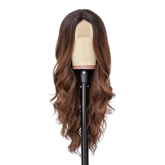 Peluca larga y rizada para mujer, parte media, natural, sedosa, resistente al calor, fibra de alta temperatura, encaje frontal, ondulado, negro, marrón, cabello sintético