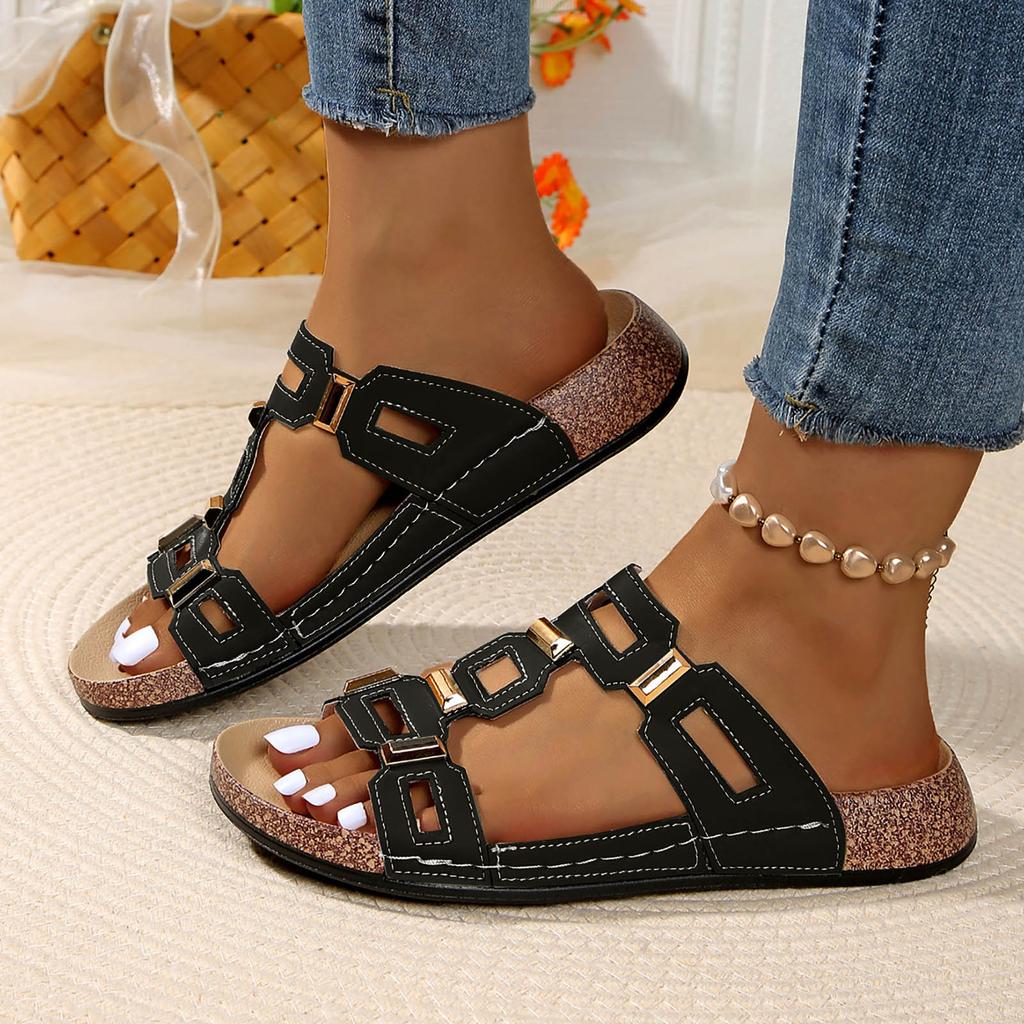 Women'S Chic Style Design Sandals Fashionable Casual Geometric Cutout Metal Flat Sandal Summer Sweat Shoes Sandalias De TacóN