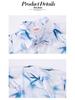Blue Bamboo Leaf Print Ink Wash Short Sleeve Loose Shirt