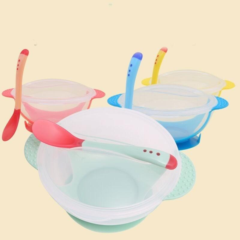 Infant Feeding Bowl Strong Suction Base with Temperature Sensing Spoon Safe for Baby Learning To Eat Independently