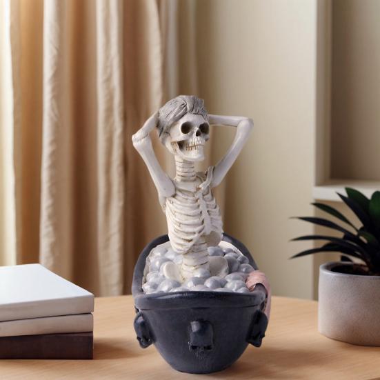 Halloween Skeleton Figurine Resin Bathing Skeleton Statue Desktop Skeleton Ornament for Bookshelves Tables Cabinets