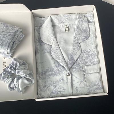Pajamas Women'S Simulated Silk Thin Long-Sleeved Suit Spring And Autumn Ice Silk High-End Ink Painting Casual Loungewear