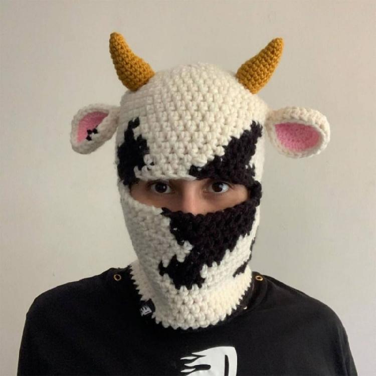 Knit Balaclava Cap Adult Prank Beanie Hat Cow Headcover Halloween Facecover Hat