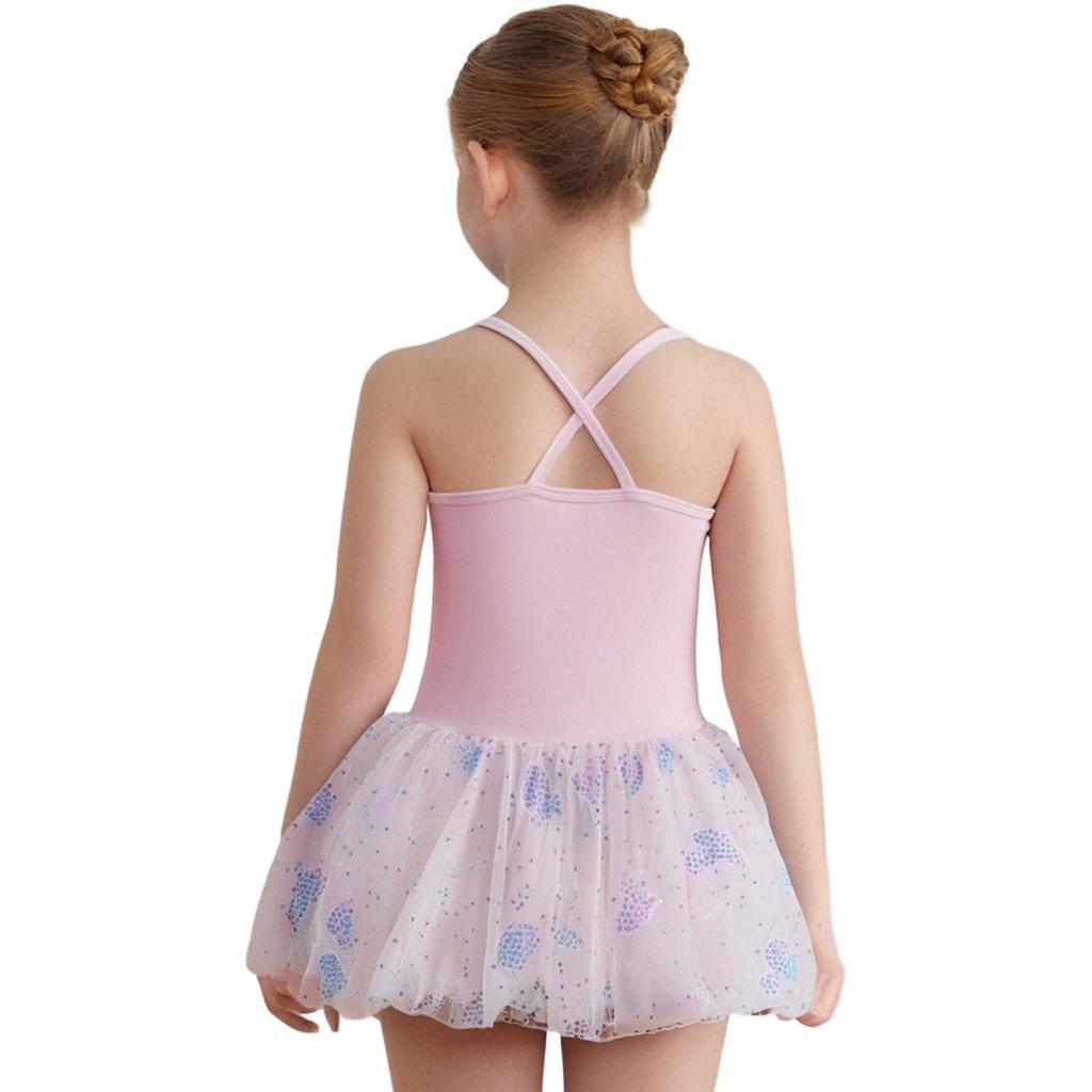 Girls Ballet Tutu Dress Cross Back Shiny Sequin Butterfly Embroidery with Built In Briefs