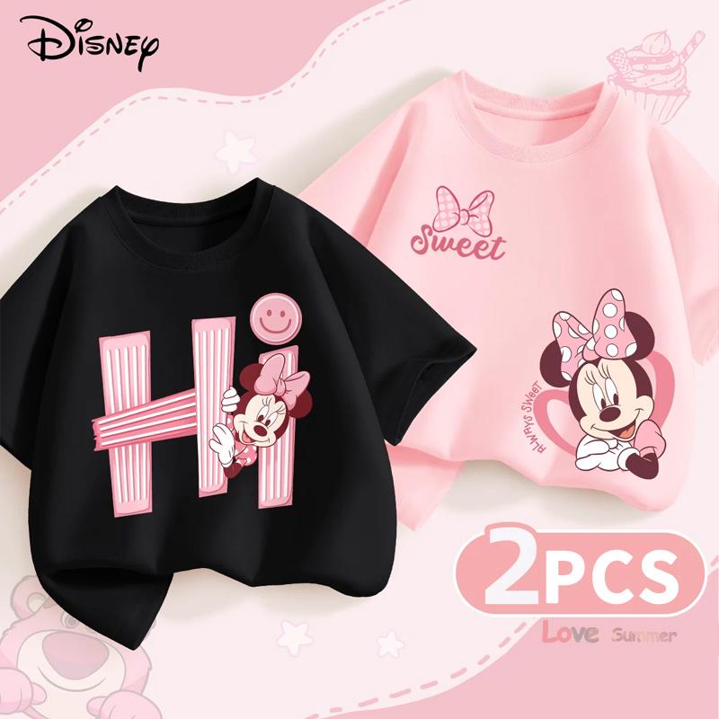 (2 Pieces Per Pack) Disney Summer Baby Girls Cotton Clothes Kid Children Girl Minnie Printed T-shirts Short Sleeve Top