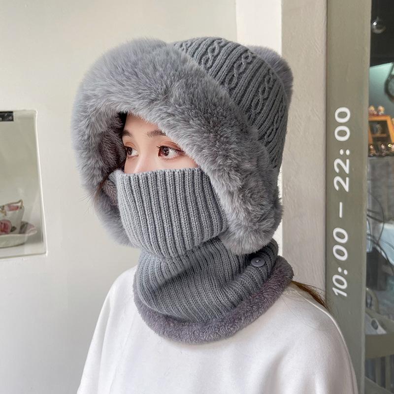 Winter Twist Pattern Knitted Hat, Velvet Warm Scarf, Integrated Pullover Hat, Cold-proof Wool Hat, Women