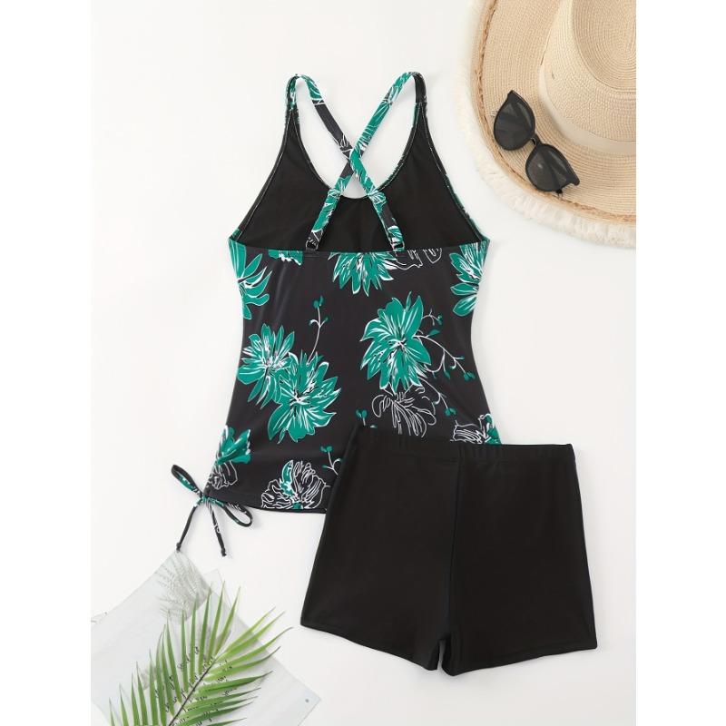 Damen Floral Print Überkreuz-Rücken Kordelzug Tankini Mit Boyshort Bottom Zweiteiliger Badeanzug