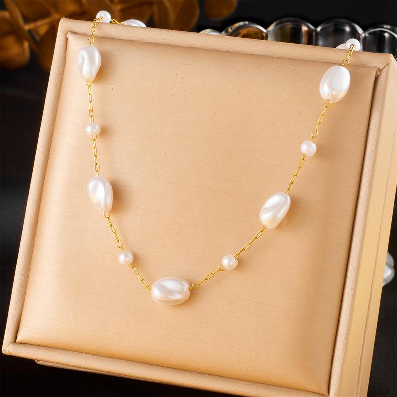 Gold Plated Baroque Freshwater Pearl Station Necklace, Stainless Steel Dainty Irregular Pearl Choker, Waterproof Elegant Jewelry for Women Gift